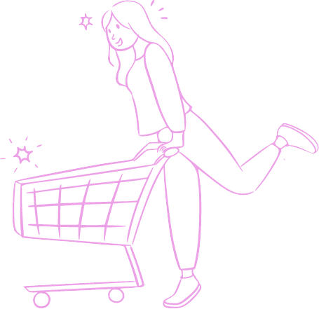 Line drawing in pink of a woman pushing a grocery cart