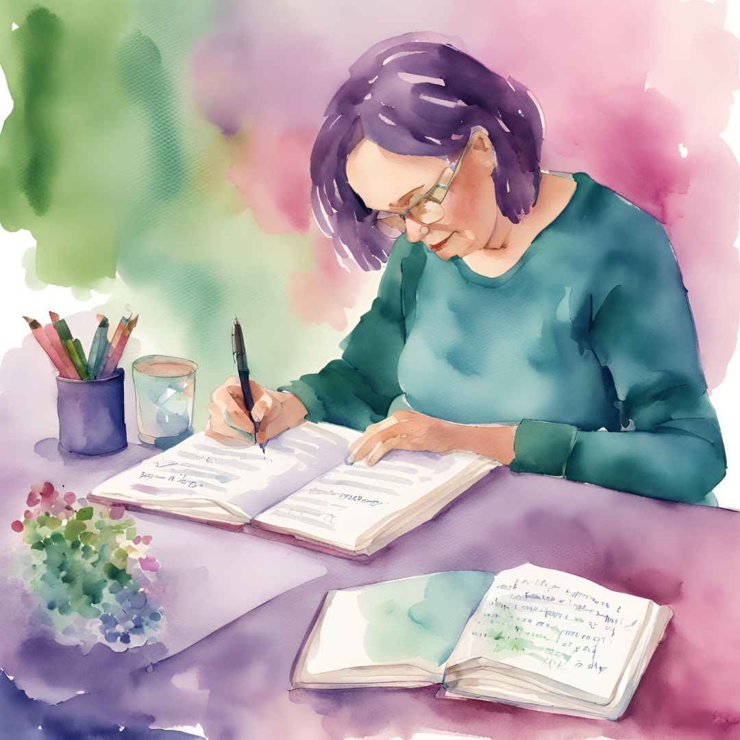 Watercolor image of a women writing in a journal in green, teal, pink and purple tones